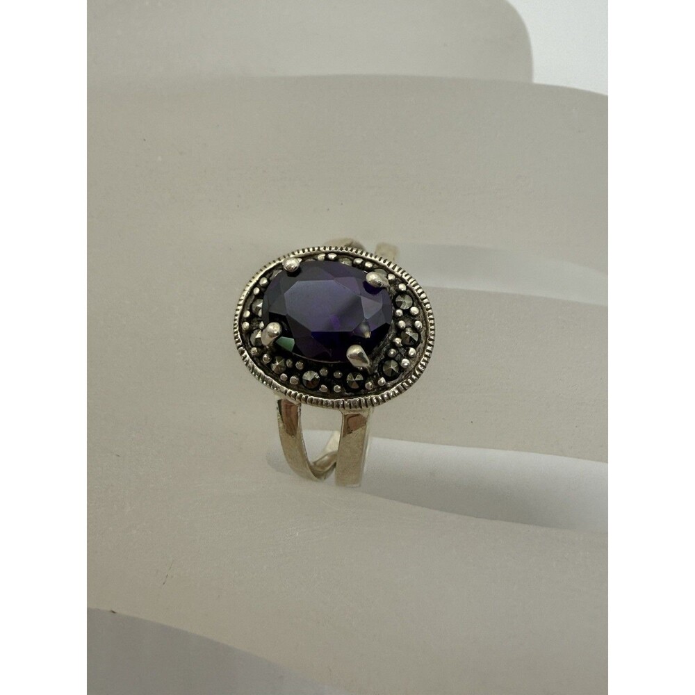 Vintage Amethyst Marcasite Ring 925 Sterling Silver Size 5.5 Tested Diamond